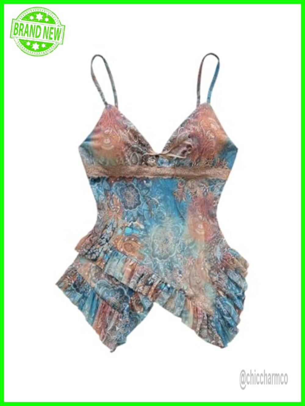 Ruffled Babydoll Cami Tank Top Sleeveless Floral Lace Spaghetti Strap